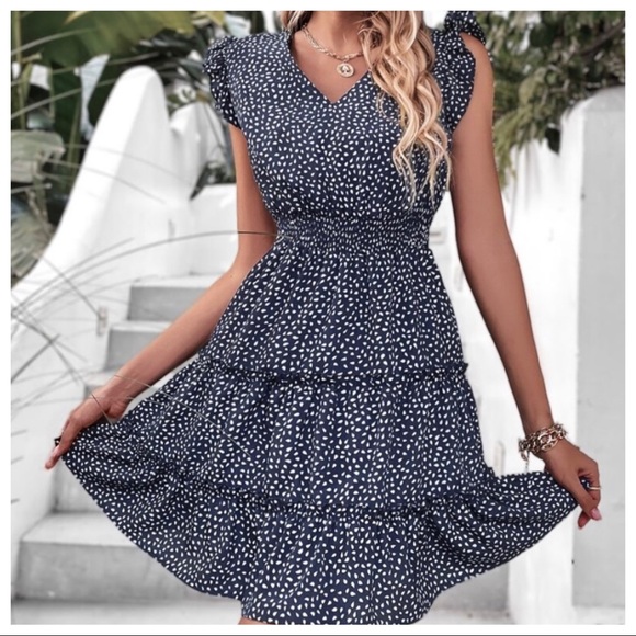 06 Boho Chic Navy Dot Ruffle Dress - Picture 5 of 6